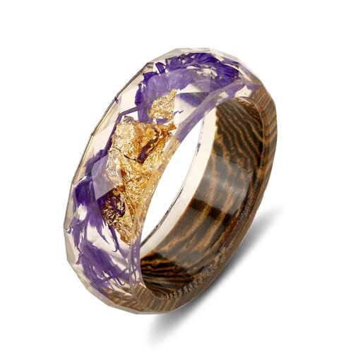 Geometry Acrylic Wood Resin Rings. Transparent with Gold Foil Insided Resin Band Ring for Women - necksoother