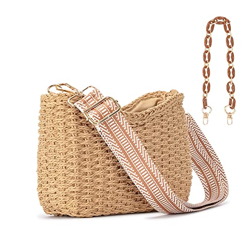 Herald Small Handmade Straw Pocketbook Crossbody Bag for Women. Summer Chic Woven Handbag Shoulder Purse with Chain - necksoother