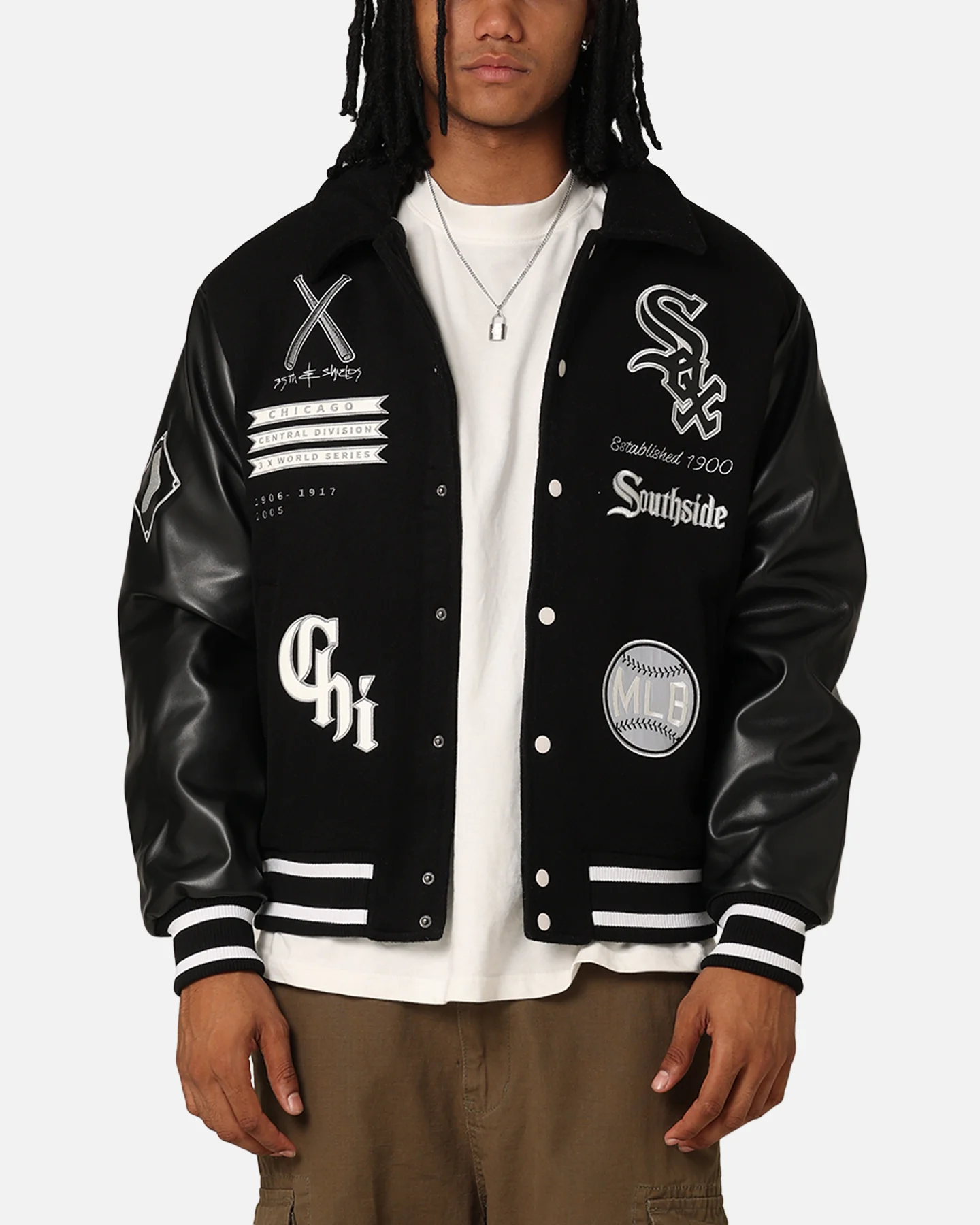 Majestic Athletic Chicago White Sox City PU Melton Letterman Jacket Faded Black - necksoother