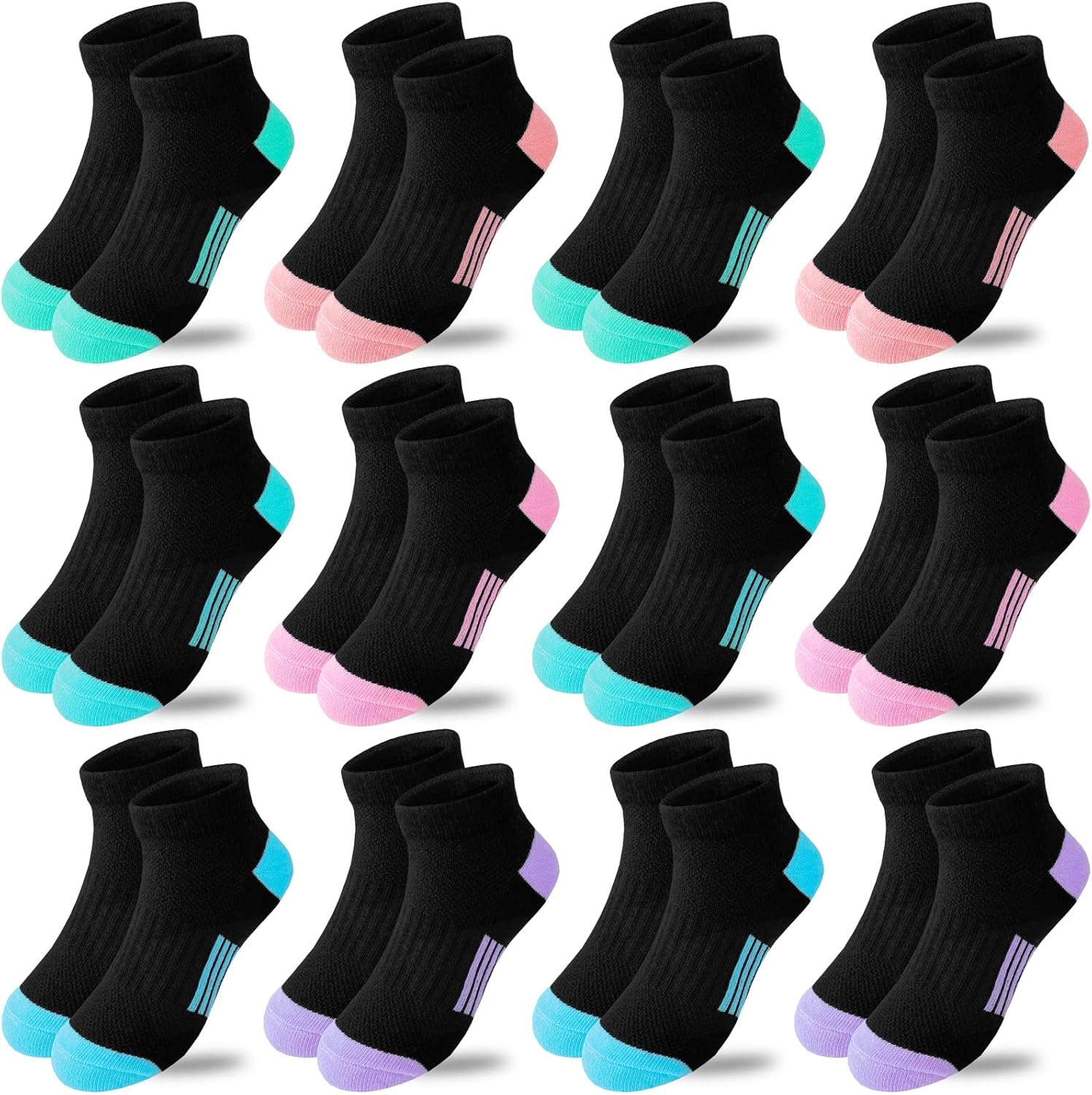 Bemeol Girls Socks 12 Pairs Ankle Athletic Socks Cotton Sports Socks For Little Big Kids - necksoother
