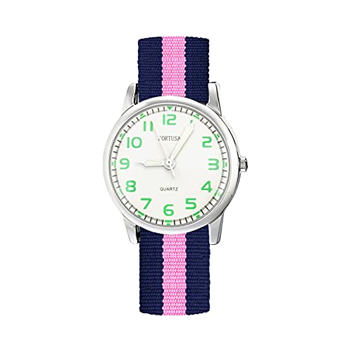 Kids Luminous Military Nylon Wrist Watch Girls 30M Waterproof Analog Quartz Watch with Adjustable Nylon Strap (Blue Pink) - necksoother