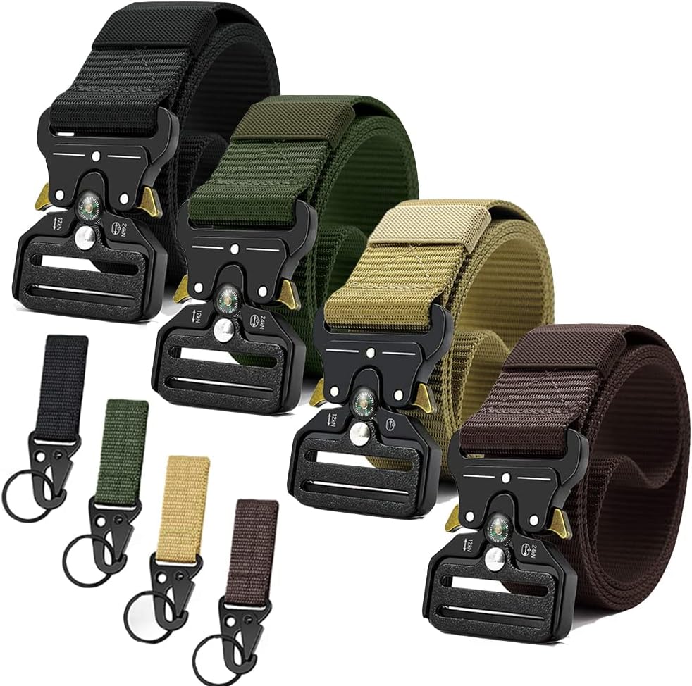 Tactical Belts for Men 4 Pack. Compass Military Web Belt. Heavy-Duty Quick-Release Metal Buckle Riggers Belt for Men - necksoother