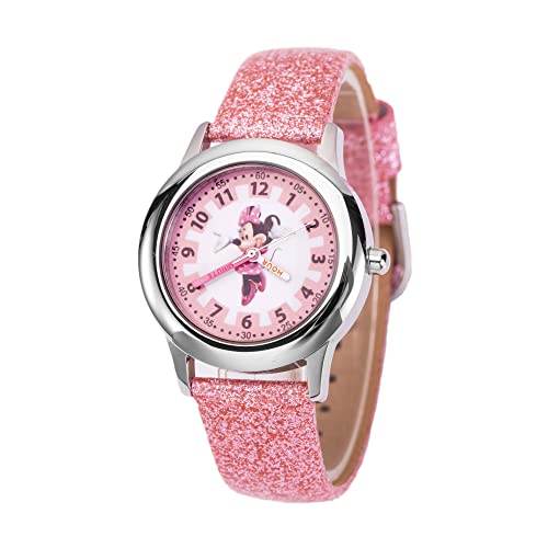 Disney Minnie Mouse Kids' Stainless Steel Time Teacher Analog Leather Strap Watch - necksoother