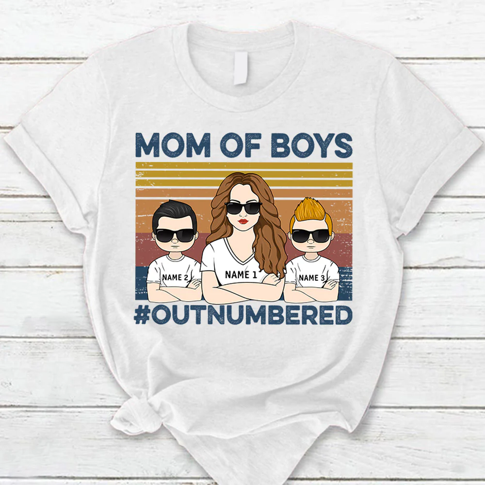 Mom Of Boys Outnumbered Hashtag Personalized T-Shirt Funny Mom With Kids Names T-Shirt Gift For Mom - necksoother