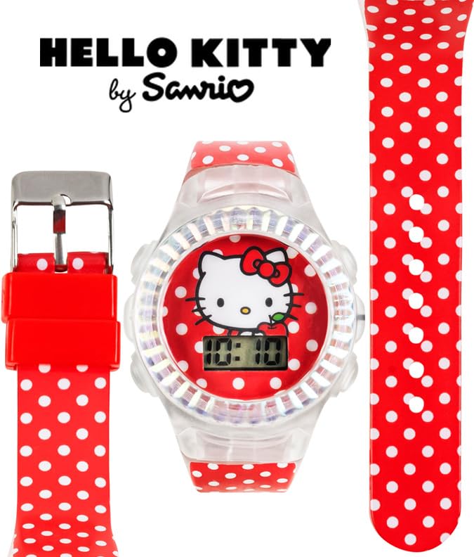 Accutime Hello Kitty Digital LCD Quartz Kids Red Watch for Girls with Polka Dot Print Band Strap (Model: HK4170AZ) - necksoother