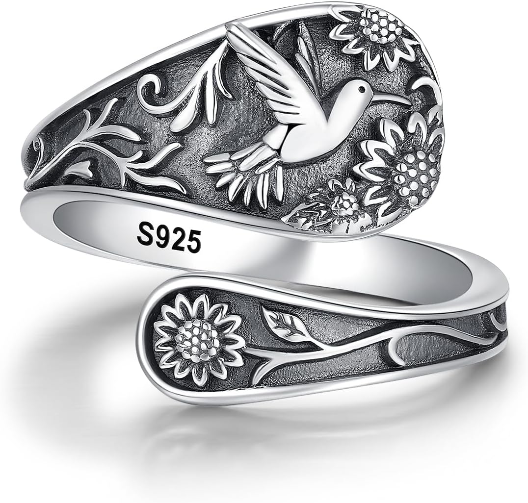 Spoon Ring Sterling Silver Hummingbird Ring Vintage Antique Spoon Rings Adjustable Thumb Rings for Women - necksoother