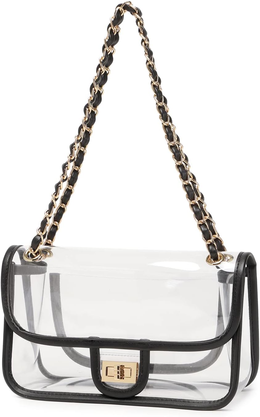 Womens PVC Clear Purse Handbag with Chain Stadium Approved Clear Bag See Through Bag for Working and Concert - necksoother