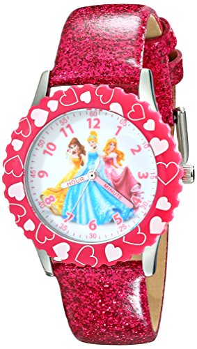 Disney Kids' W001801 Princess Stainless Steel Watch with Pink Glitter Faux Leather Band - necksoother