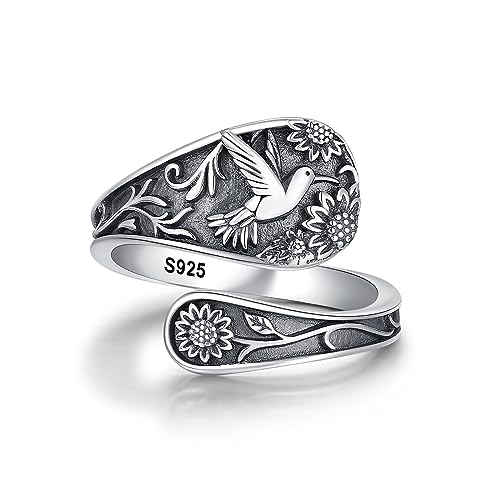Spoon Ring Sterling Silver Hummingbird Ring Vintage Antique Spoon Rings Adjustable Thumb Rings for Women - necksoother
