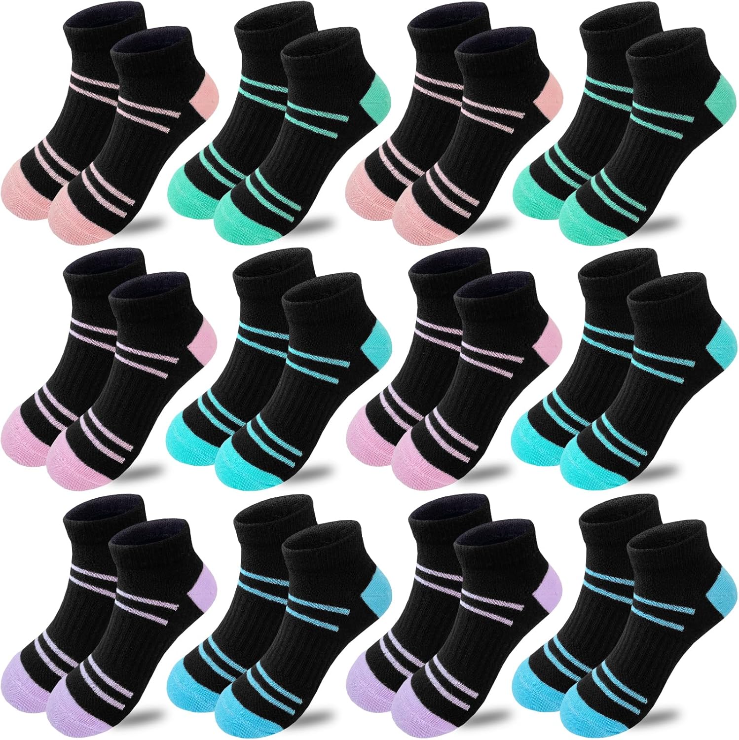 Bemeol 12 Pairs Girls Socks Kids Low Cut Ankle Athletic Socks Cotton Sports Socks - necksoother