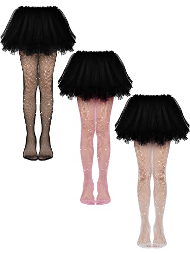 Geyoga 3 Pcs Girls Rhinestone Tights Sparkle Fishnet Kids Bling Mesh Stockings Glitter Hollow out Pantyhose - necksoother