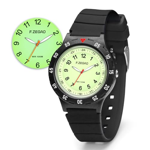 100M Kids Analog Watch for Boys Girls 3-12 Age. Kids Waterproof Watch Learning Time with Black Silicone Band - necksoother