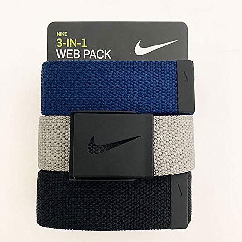 Nike Men's 3 Pack Web Belt. Matte Black Hardware. Black/Grey/Navy. One Size - necksoother