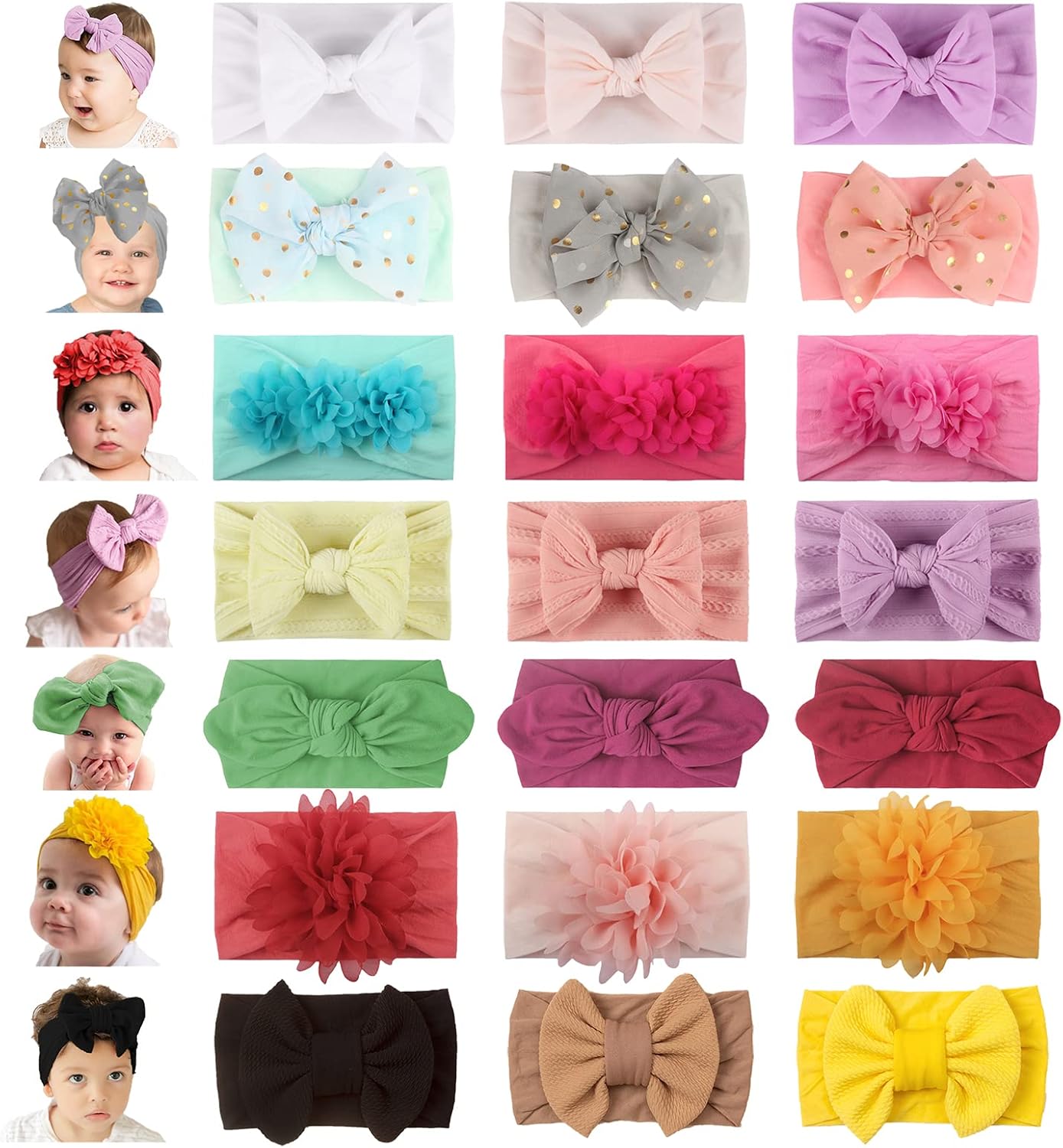 WZT 21PCS Baby Nylon Headbands 7 styles Hairbands Hair Bow Elastics for Girl headbands with bows Newborns Infant Toddlers - necksoother
