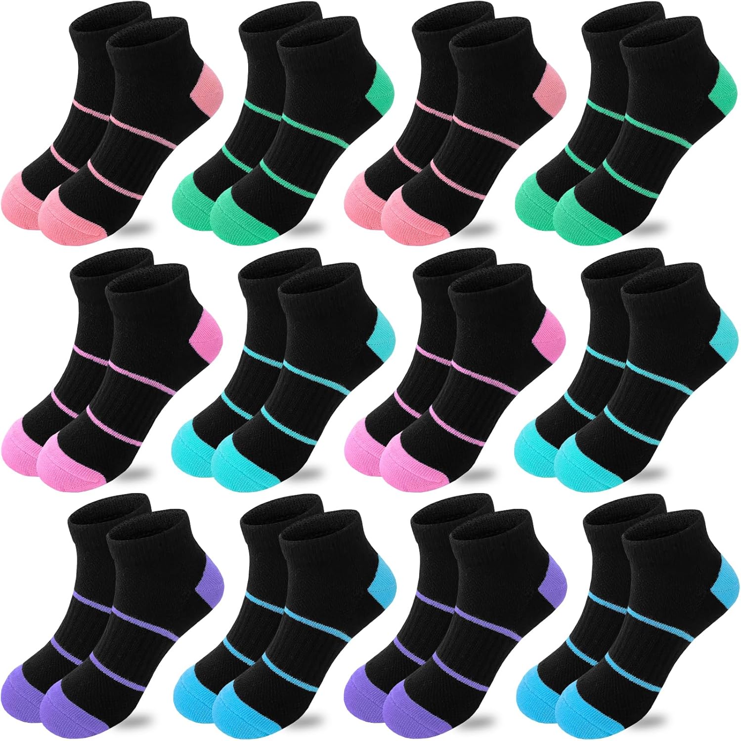 Bemeol 12 Pairs Girls socks Kids Low Cut Ankle Socks Girls Half Cushion Athletic Socks - necksoother