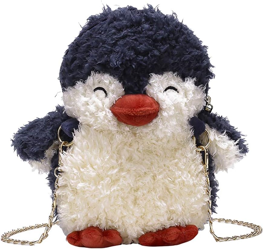 QZUnique Plush Penguin Purse for Women Fluffy Novelty Handbag Kawaii Crossbody Shoulder Bag Chain Wallet Sheep Chick Bear - necksoother