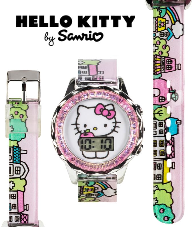 Accutime Hello Kitty Digital LCD Quartz Kids Pink Watch for Girls with All Over Print Band Strap (Model: HK4203AZ) - necksoother