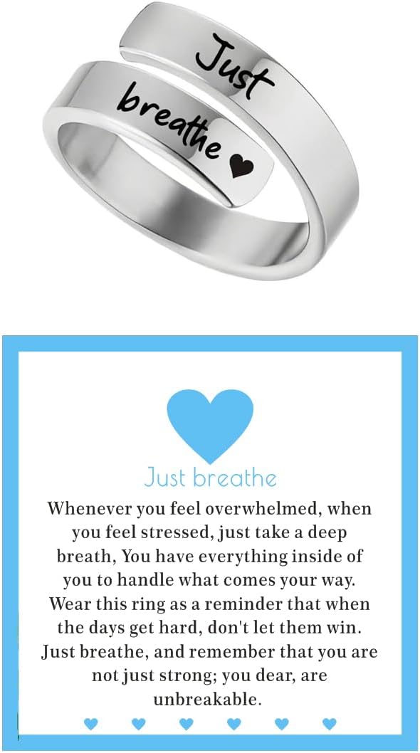 Heart Just Breathe Rings for Women .Stainless Steel Adjustable Ring .Heart Hope Engraved Encourage Ring Jewelry - necksoother