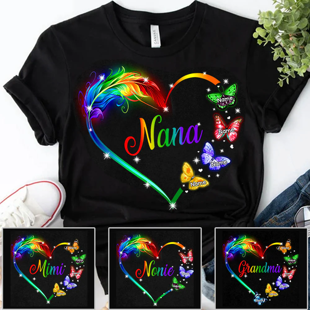 Personalized Nana Butterflies Colorful Heart Custom Shirt Nana With Grandkids Names - necksoother