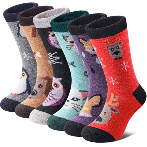 FNOVCO Kids Merino Wool Hiking Socks Toddlers Boys Girls Cozy Thermal Winter Thick Warm Crew Socks 6 Pairs - necksoother