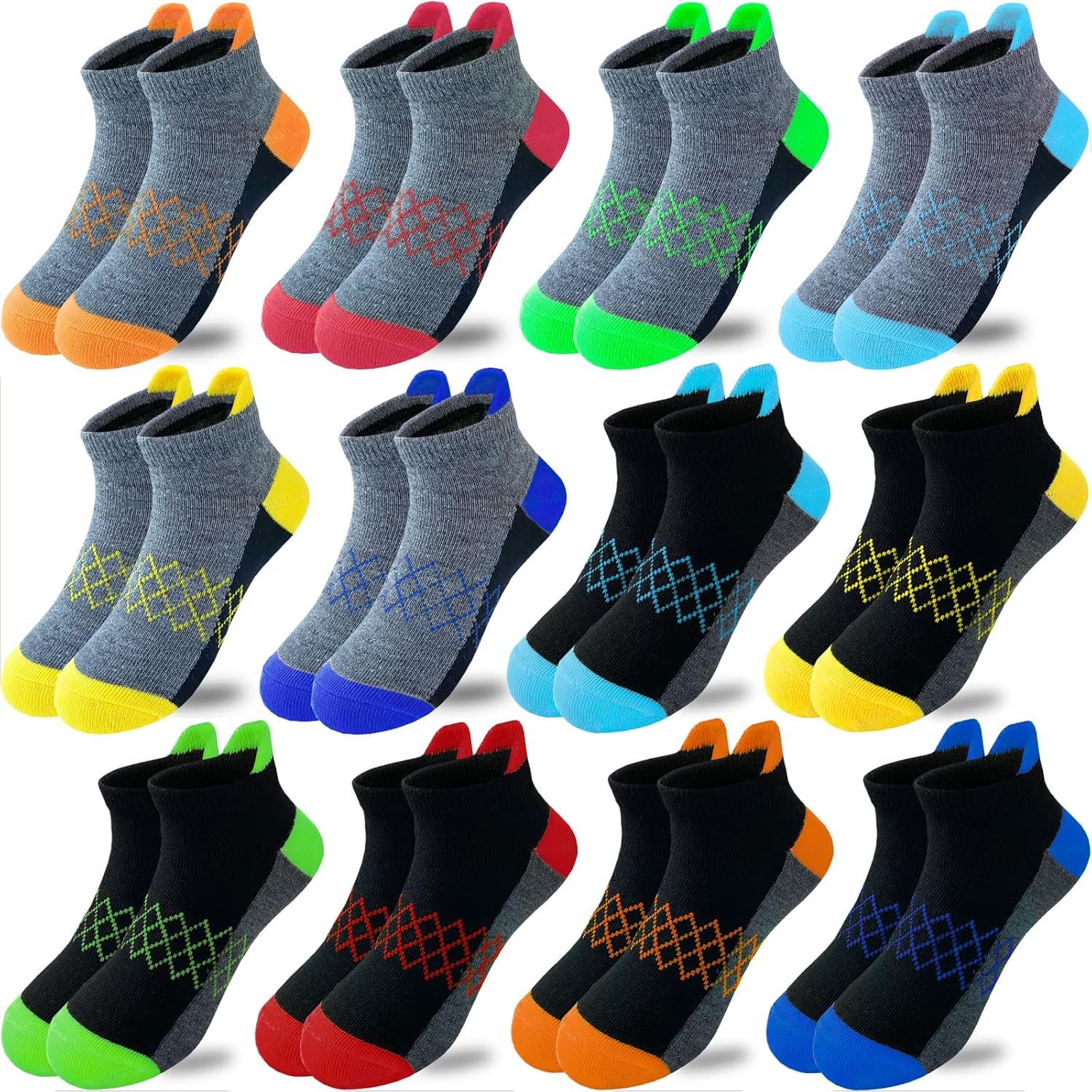 JAMEGIO Boys Socks 12 Pairs Ankle Athletic Socks for Kids Low Cut Sports Casual Socks - necksoother