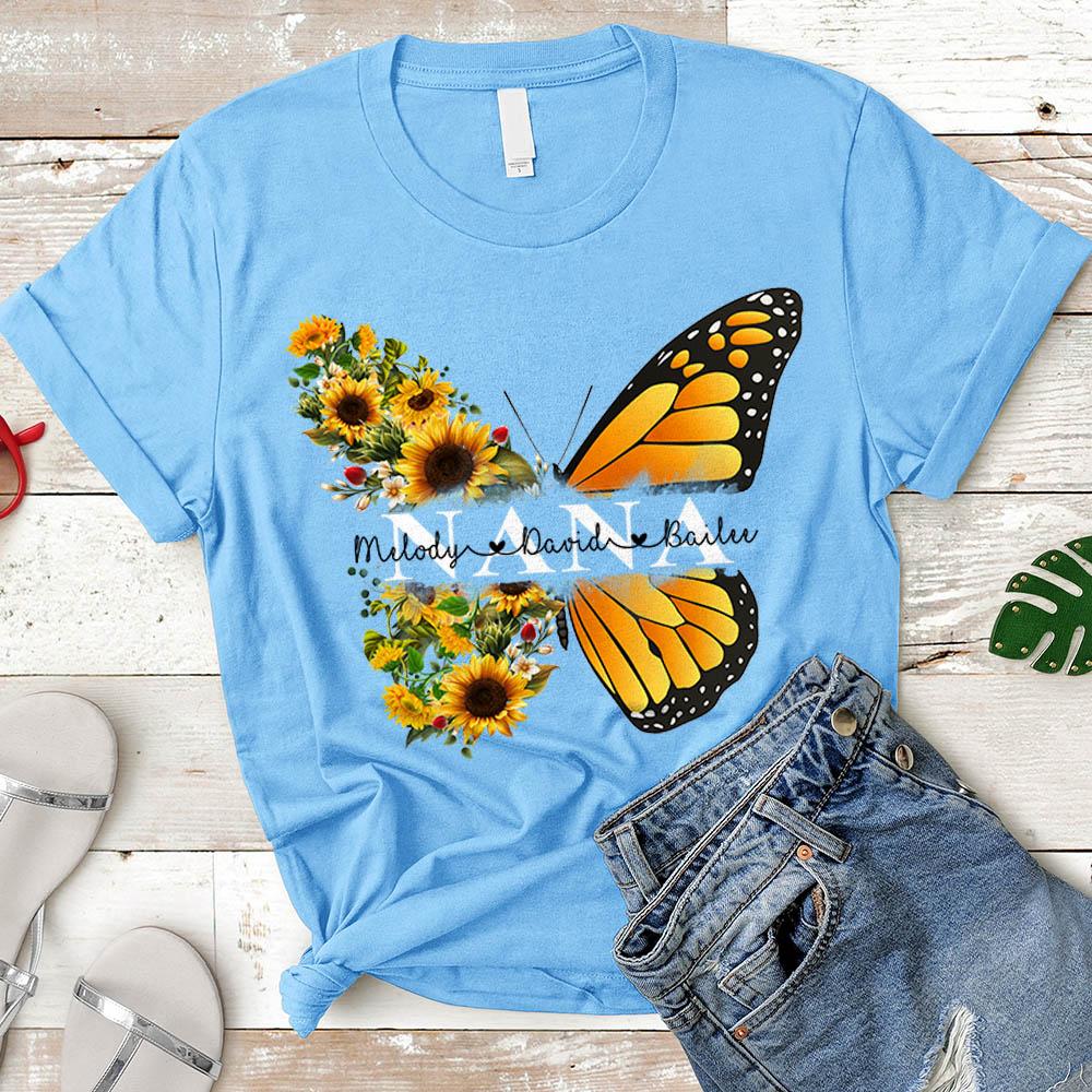 Personalized Nana Butterfly Sunflower Shirt - Custom Nana With Grandkids Names - necksoother