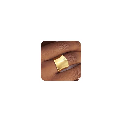 Dainty 14k Gold Plated Wide Band Ring for Women Non Tarnish - Trendy Statement Chunky Thumb Knuckle Ring Size 5-11 - necksoother