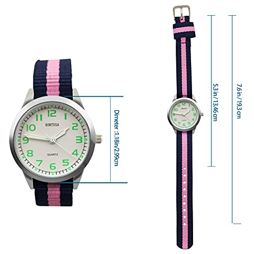 Kids Luminous Military Nylon Wrist Watch Girls 30M Waterproof Analog Quartz Watch with Adjustable Nylon Strap (Blue Pink) - necksoother