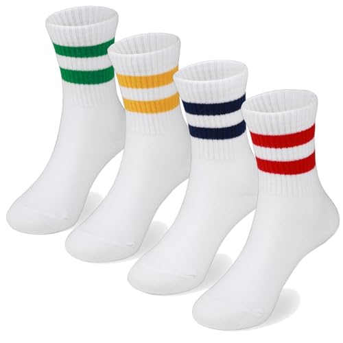 COTTON DAY Kids Girls Pink White Crew Athletic Socks with Retro Stripes Hearts - necksoother