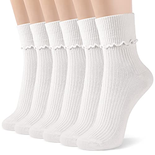 BOOPH 6 Pairs Girls Ruffle Socks Baby Toddlers Turn Cuff Slouch Crew Socks for Kids - necksoother