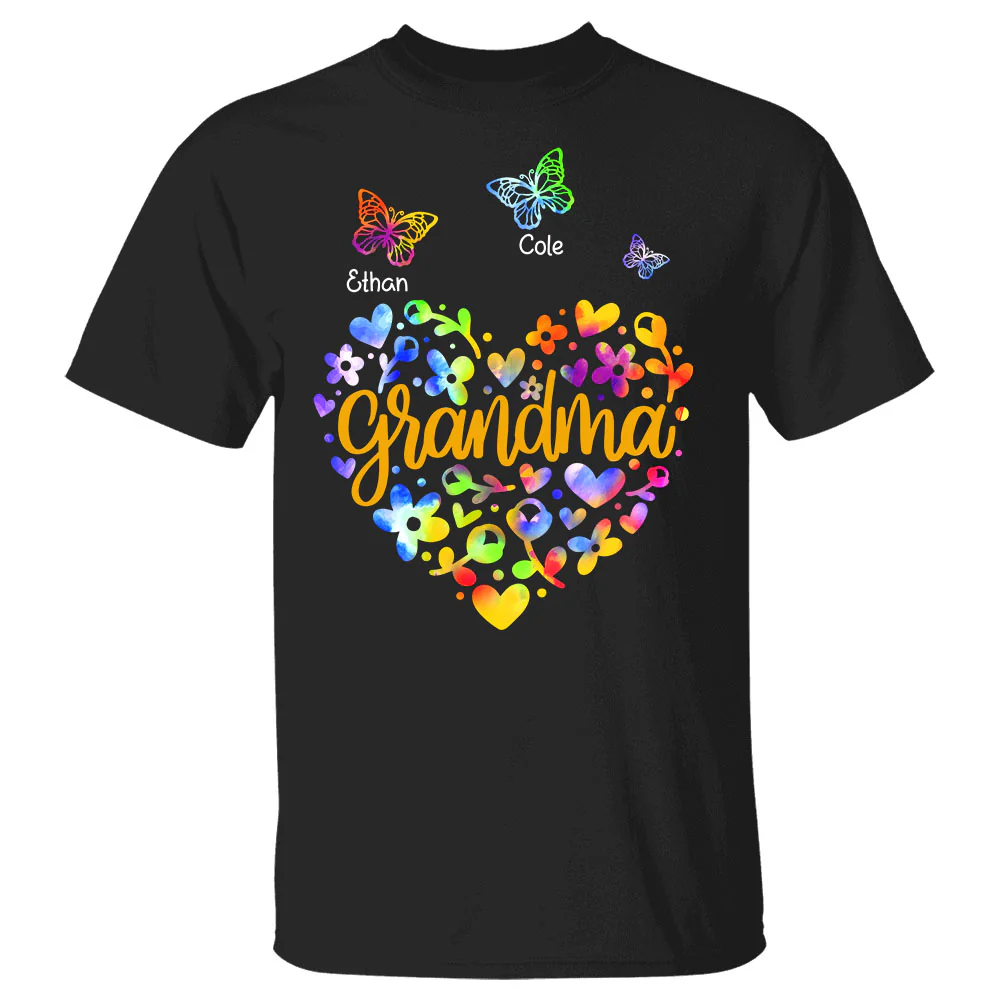 Personalized Grandma Colorful Flower Heart With Butterflies Shirt For Grandma - necksoother