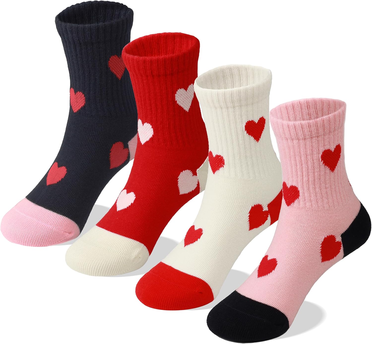 COTTON DAY Kids Girls Pink White Crew Athletic Socks with Retro Stripes Hearts - necksoother