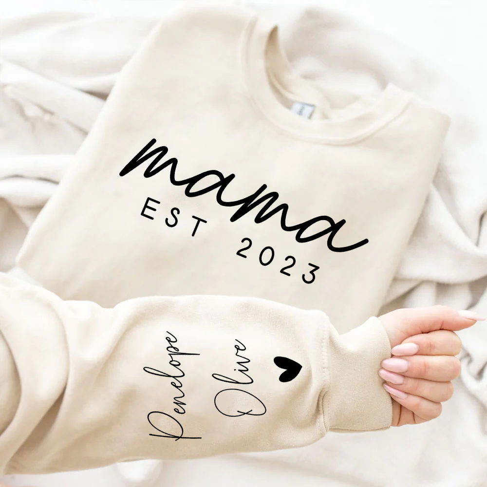Custom Mama Sweatshirt with Date and Children Name on Sleeve. Mama Sweatshirt. Minimalist Mama - necksoother