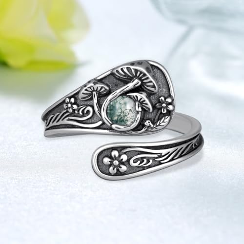 Mushroom Spoon Rings for Women 925 Sterling Silver Moss Agate Mushroom Ring Vintage Thumb Ring Jewelry for Women Men - necksoother