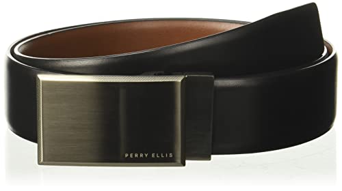 Perry Ellis Men's Portfolio Patterned Plaque 100% Leather Reversible Belt (Sizes 30-44 Inches) - necksoother