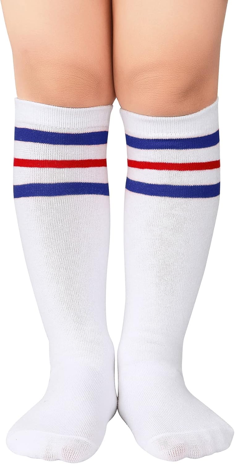Zando Kids Child Cotton Three Stripes Sport Soccer Team Socks Uniform Tube Cute Knee High Stocking for Boys Girls - necksoother