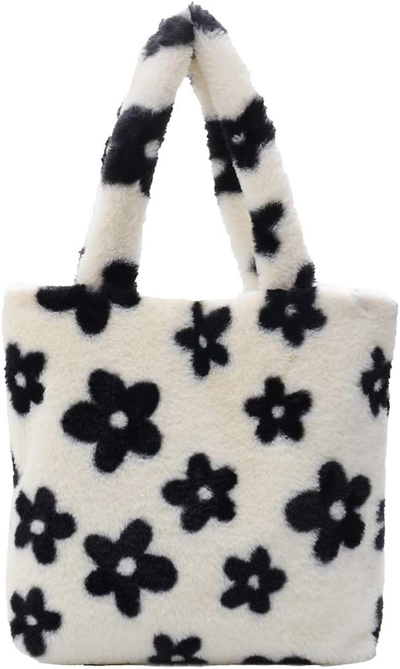 Plush Underarm Bag. Ladies Fluffy Shoulder Bag. Women Furry Flower Tote Bag Y2K Plush Handbag for Autumn and Winter - necksoother