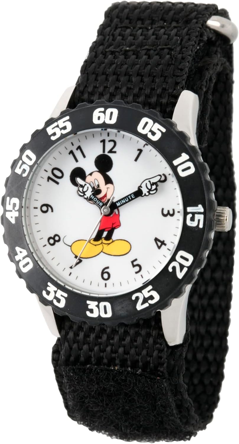 Disney Mickey Mouse Kids' Bezel Stainless Steel Time Teacher Analog Nylon Strap Watch - necksoother