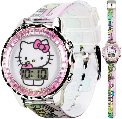 Accutime Hello Kitty Digital LCD Quartz Kids Pink Watch for Girls with All Over Print Band Strap (Model: HK4203AZ) - necksoother