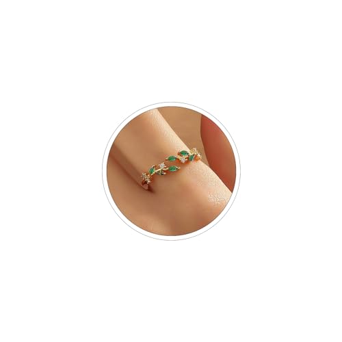 18K Gold Plated Ring Open Adjustable Ring Cubic Zirconia Leaf Ring for Women Dainty Stackable Rings for Women - necksoother