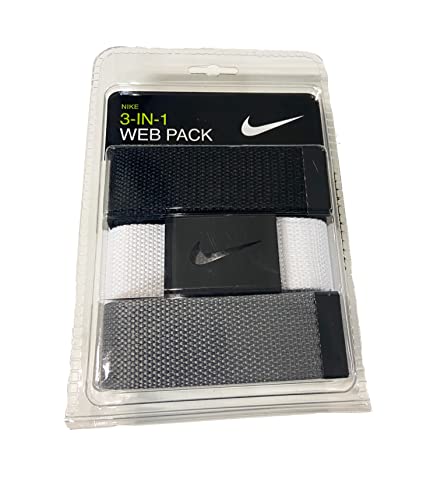 Nike Men's 3 Pack Web Belt. Matte Black Hardware. Black/White/Grey. One Size - necksoother