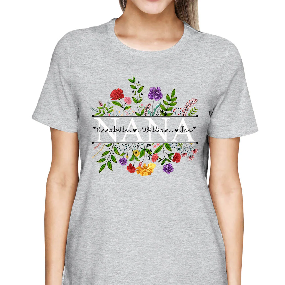 Personalized Nana With Grandkid's Names Carnation Frame Shirt For Grandma - necksoother