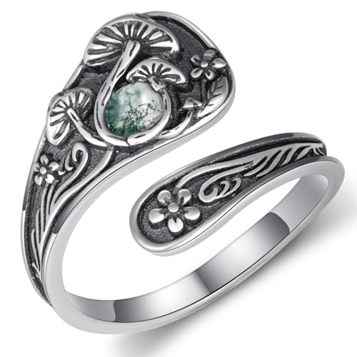 Mushroom Spoon Rings for Women 925 Sterling Silver Moss Agate Mushroom Ring Vintage Thumb Ring Jewelry for Women Men - necksoother