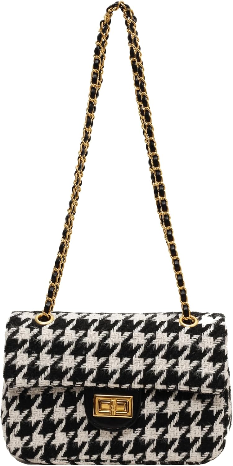 Houndstooth Chain Shoulder Cross body Bag for Women Handbag and purse Fashion Woolen Cloth Clutch - necksoother