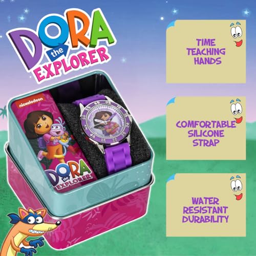Accutime Dora the Explorer by Nickelodeon Analog Quartz Watch for Kids �C Purple Time-Teaching Watch with Easy-Read Dial - necksoother