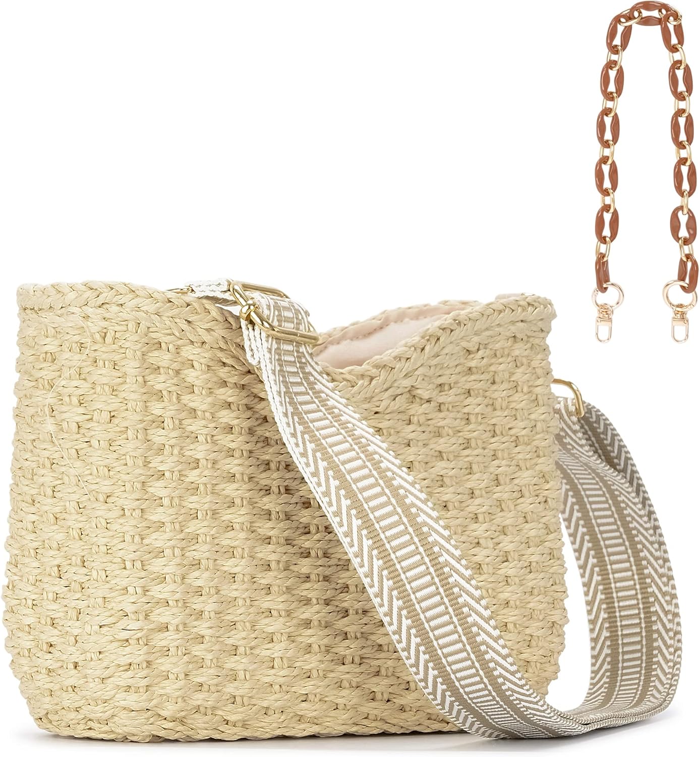 Herald Small Handmade Straw Pocketbook Crossbody Bag for Women. Summer Chic Woven Handbag Shoulder Purse with Chain - necksoother