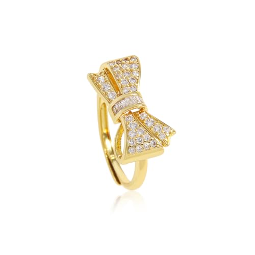 Gold Bow Ring for Women Dainty Cubic Zirconia Bow Tie Adjustable Open Ring Statement Jewelry - necksoother