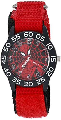 Marvel Spider-Man Boys' Black Plastic Time Teacher Watch. Red Hook and Loop Nylon Strap with Black Backing.WMA000412 - necksoother