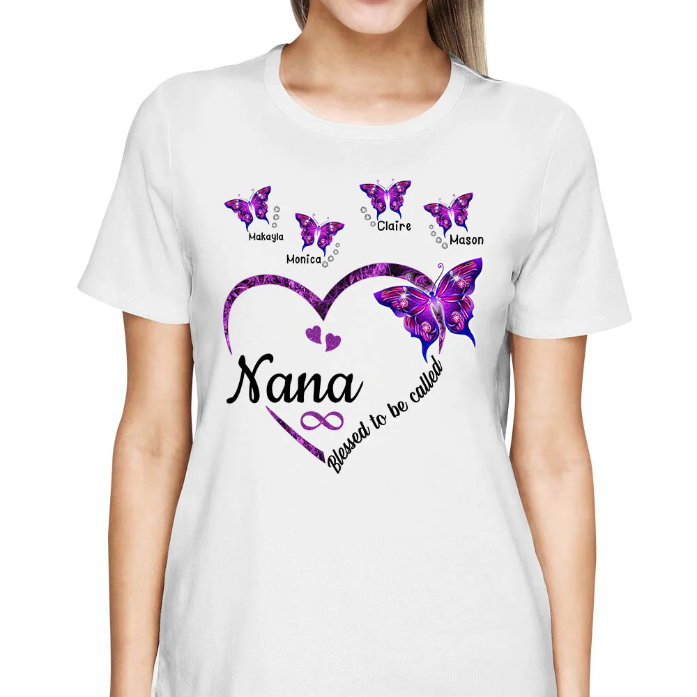 Blessed To Be Called Nana Heart Violet Butterflies Personalized Shirt For Grandma - necksoother