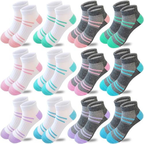 Bemeol 12 Pairs Girls Socks Kids Low Cut Ankle Athletic Socks Cotton Sports Socks - necksoother
